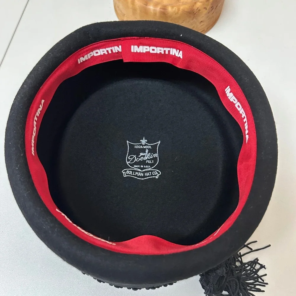 Vintage Importina Bollman Hat Co Black Wool Doeskin Felt Pillbox Hat Tassel USA